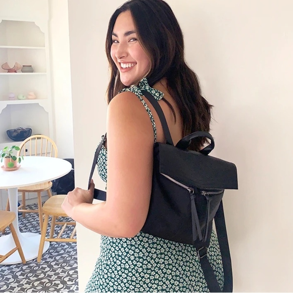 BOTKIER New York Trigger Black Vegan Leather Nylon Mini Zip Snap Backpack Bag